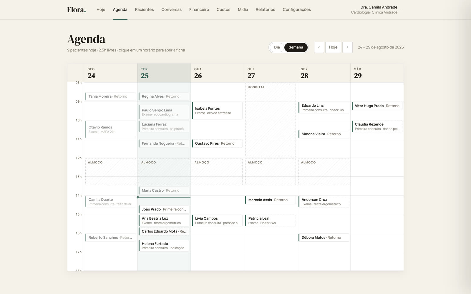 Tela da agenda da Elora com a semana da Dra. Camila e a fila de espera